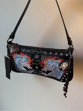Ed Hardy Black Shoulder Bag with Embroidered Horses and Stud Accents